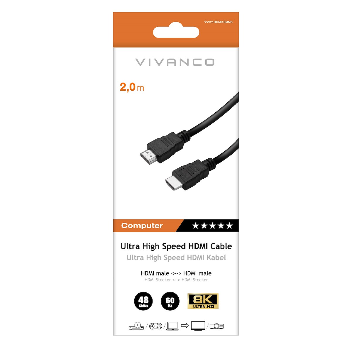 VIVANCO VVV21HDMI20MMK Cavo HDMI 2.1 ARC M-M 2m 8K 60Hz Nero