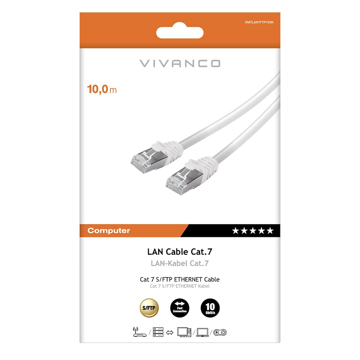 VIVANCO VNITLAN7FTP100K Cavo Ethernet RJ45 M-M 10m Cat 7 Nero