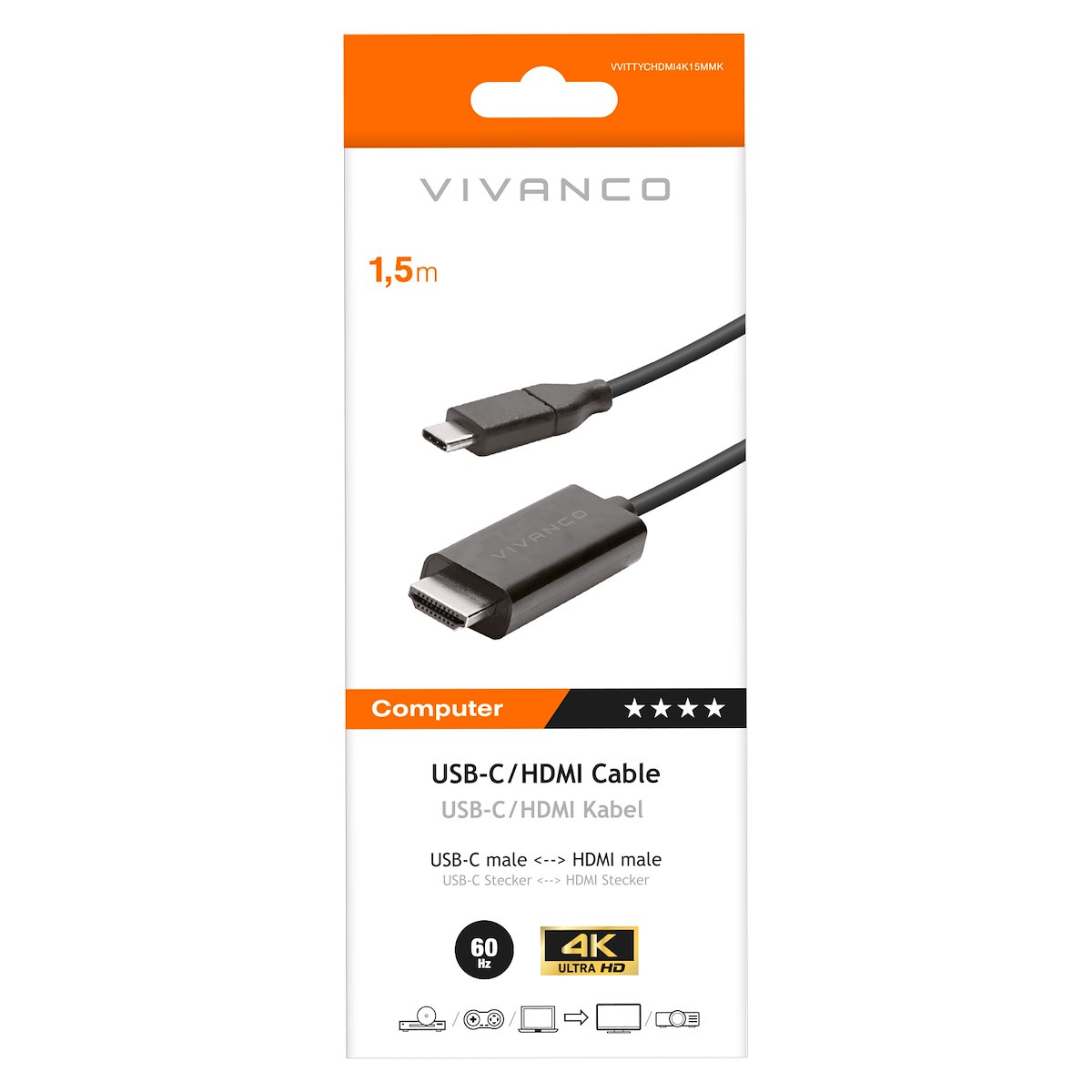 VIVANCO VVITTYCHDMI4K15MMK Cavo USB-C HDMI M-M, 1.5m, 4K 60Hz, Nero - immagine 2
