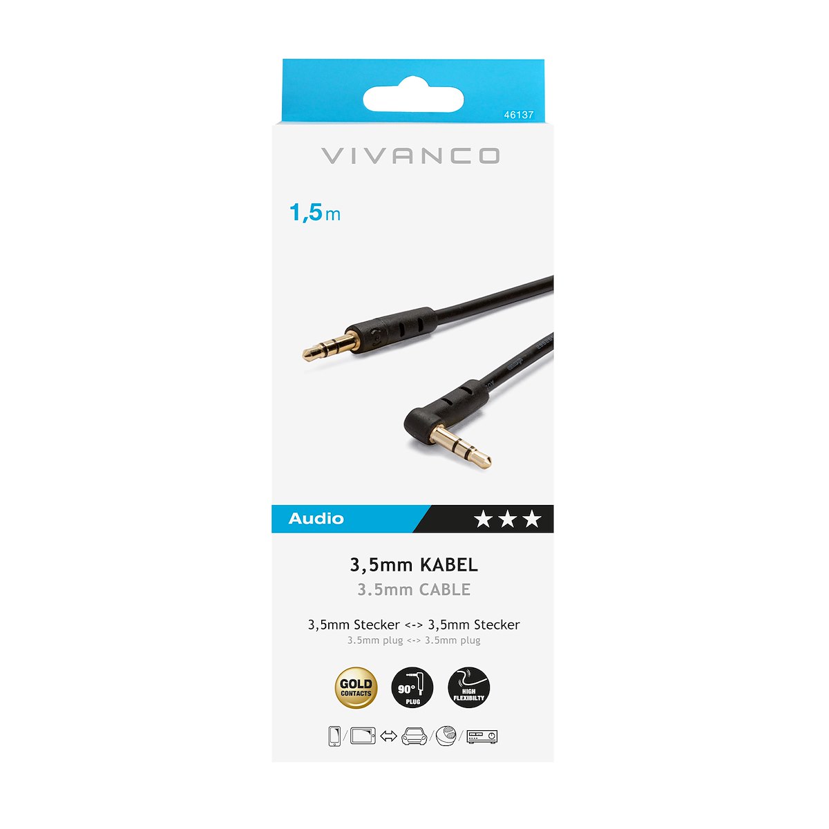 VIVANCO VVAJACK1590GK Cavo Audio Jack 3.5mm M-M, 1.5m, Angolo, Nero