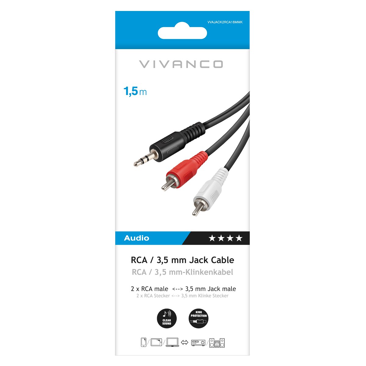 VIVANCO VVAJACK2RCA18MMK Adattatore Audio RCA-Jack 3.5mm M-F 1.5m Nero