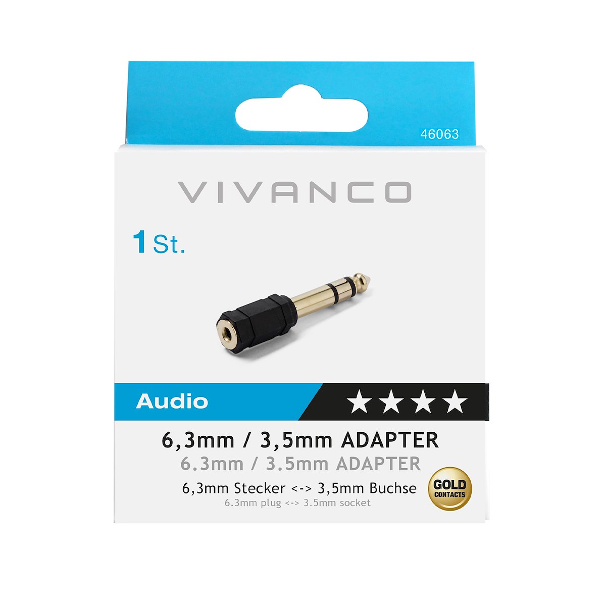 VIVANCO VVAJACKAD35F63MG Adattatore Audio Jack 3.5-6.3mm F-M Nero Oro