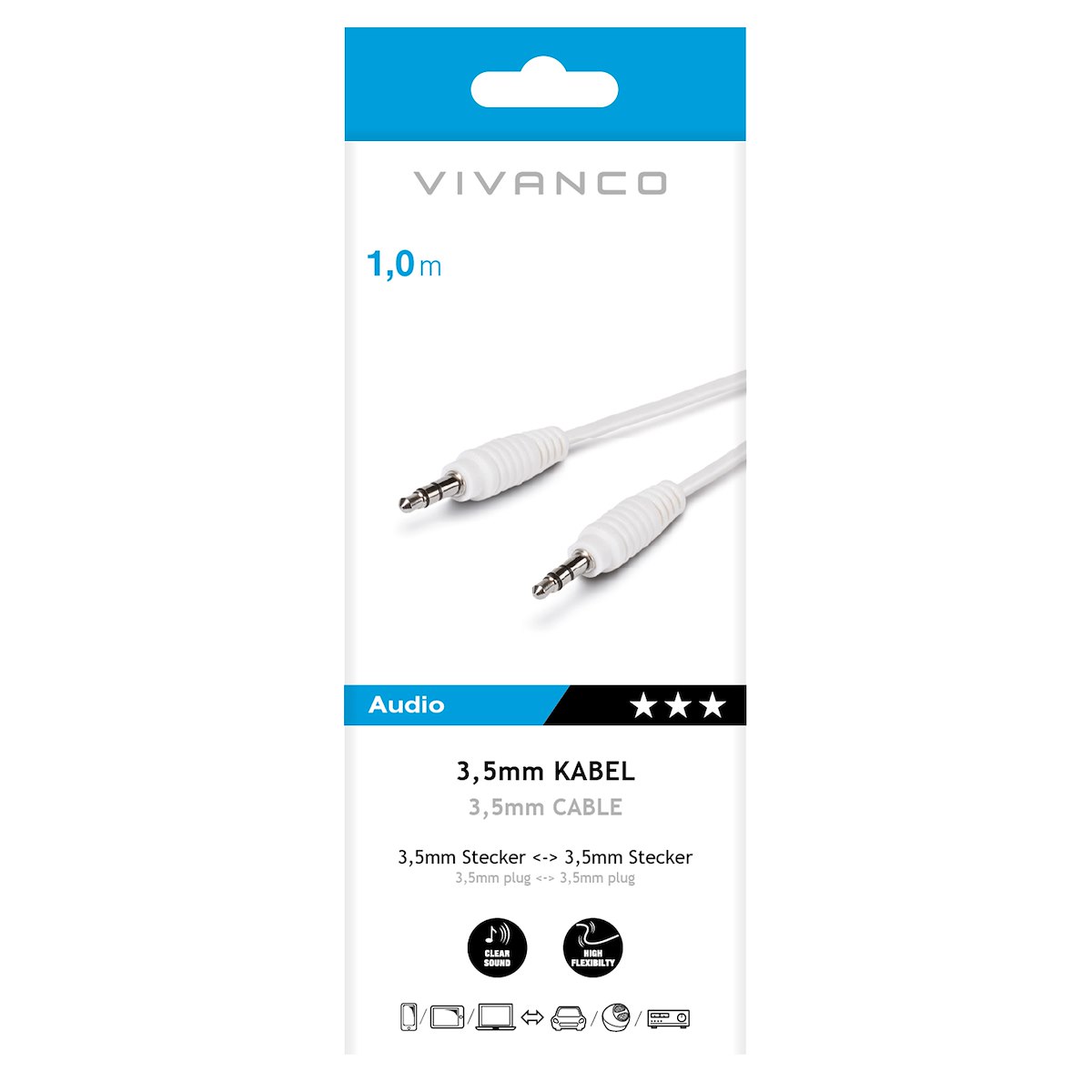 VIVANCO VVAJACK10MMW Cavo audio jack 3.5mm M-M, 1m, bianco