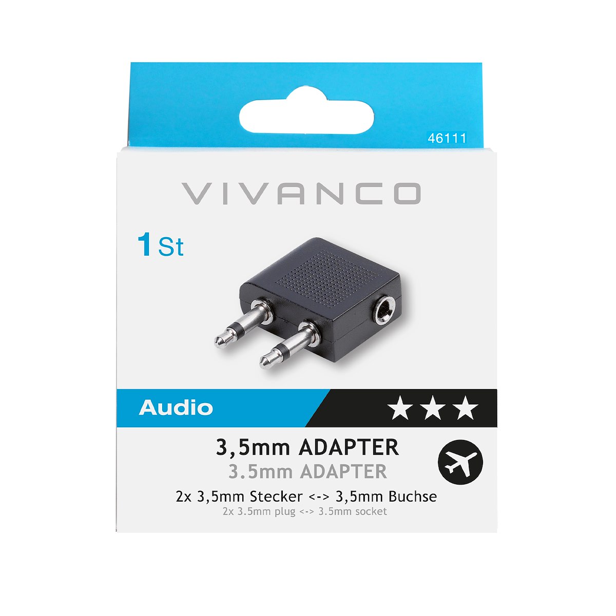 VIVANCO VVAADJAC351F2M90 Adattatore Audio Aereo Jack 3.5mm M-M-F Nero