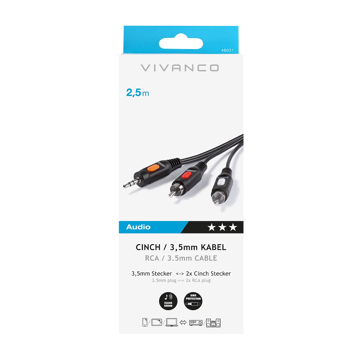 VIVANCO VVAJACK2RCA25MMK Adattatore Audio RCA-Jack 3.5mm M-M 2.5m Nero