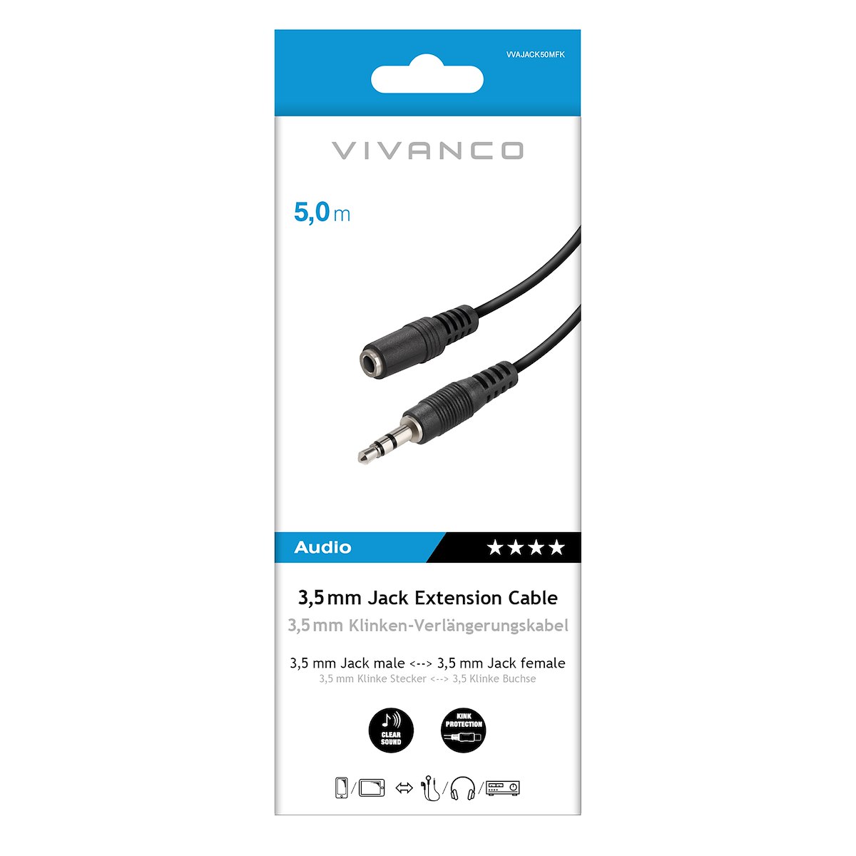 VIVANCO VVAJACK50MFK Cavo Audio Jack 3.5mm M-F 5m Nero