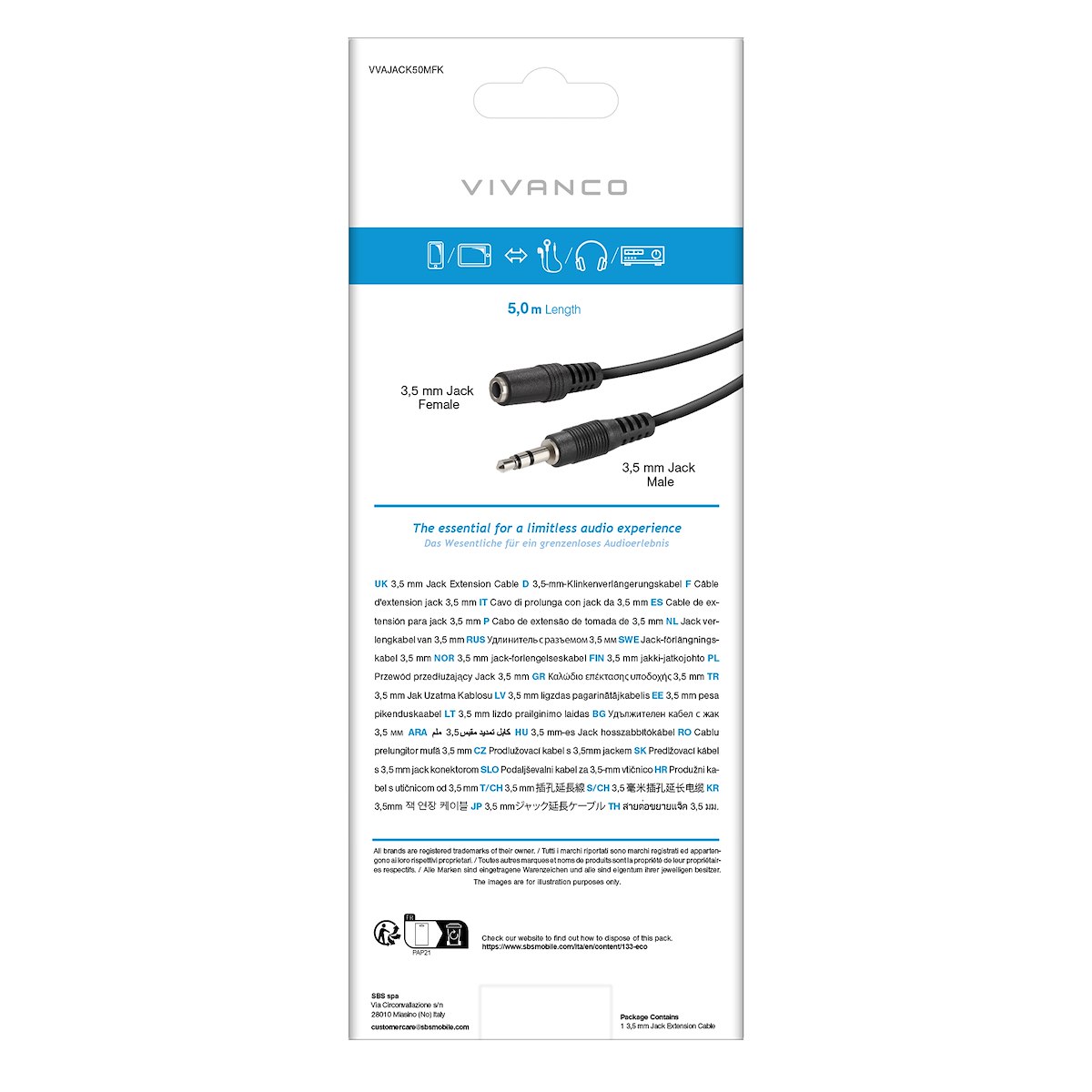 VIVANCO VVAJACK50MFK Cavo Audio Jack 3.5mm M-F 5m Nero - immagine 3