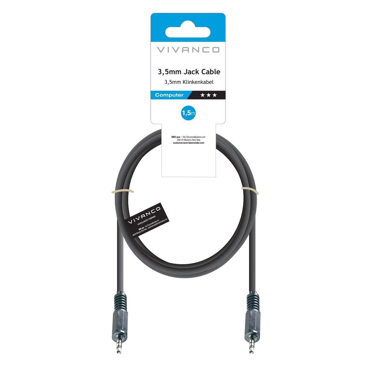 VIVANCO VVAXJACK15MMK Cavo audio jack 3.5mm M-M, 1.5m, nero