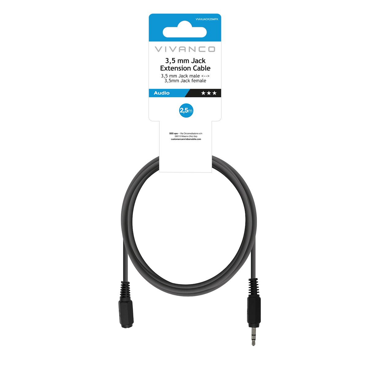 VIVANCO VVAXJACK25MFK Cavo audio jack 3.5mm M-F, 2.5m, nero