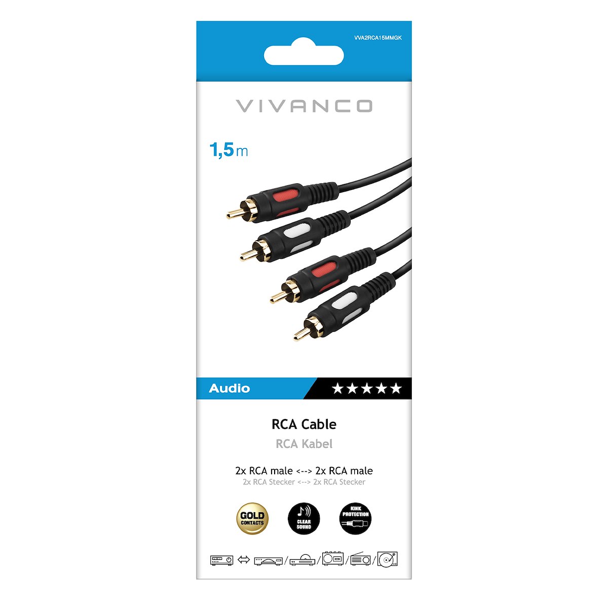 VIVANCO VVA2RCA15MMGK Cavo RCA Stereo M-M 1.5m, Nero