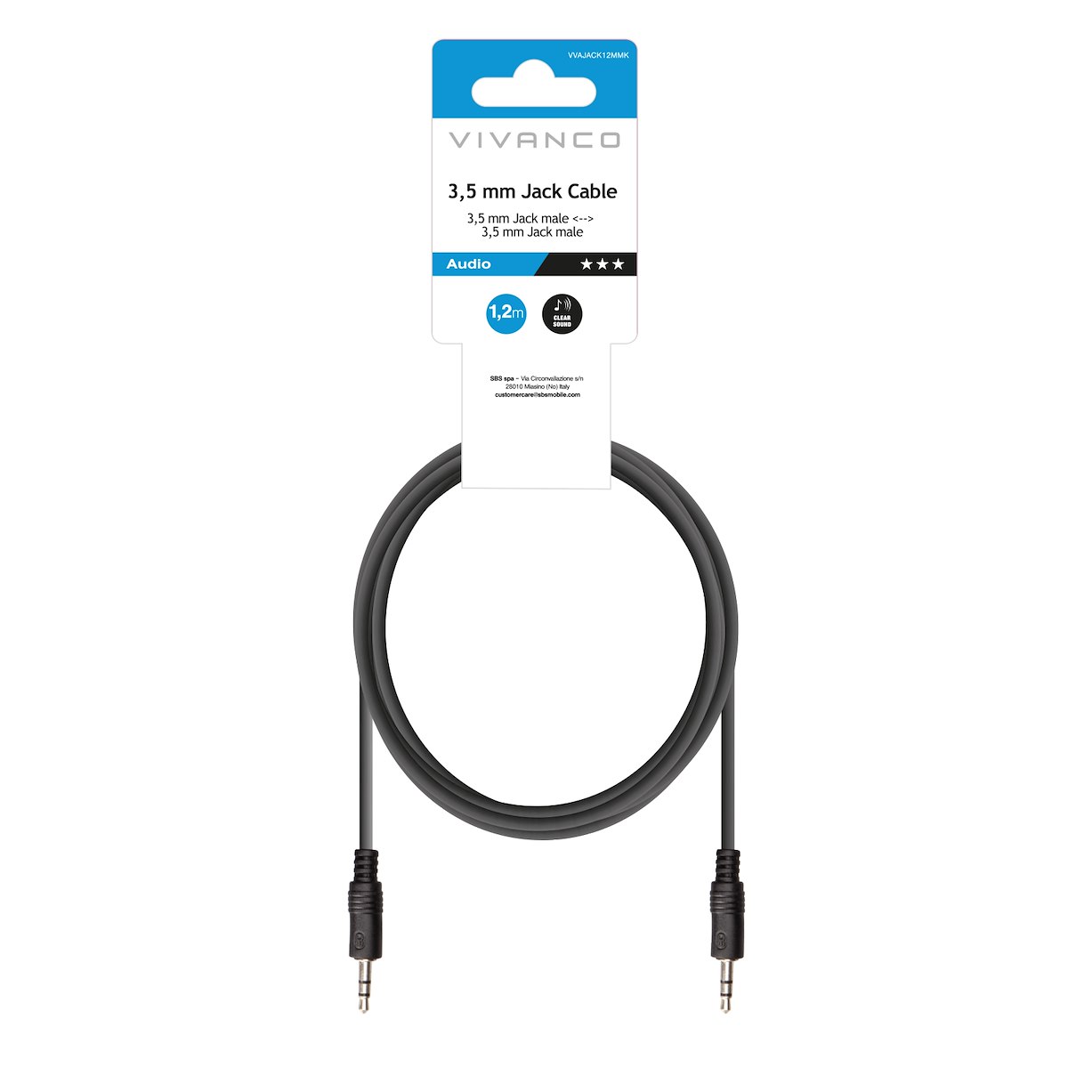 VIVANCO VVAJACK12MMK Cavo Audio Jack 3.5mm M-M, 1.2m, Nero