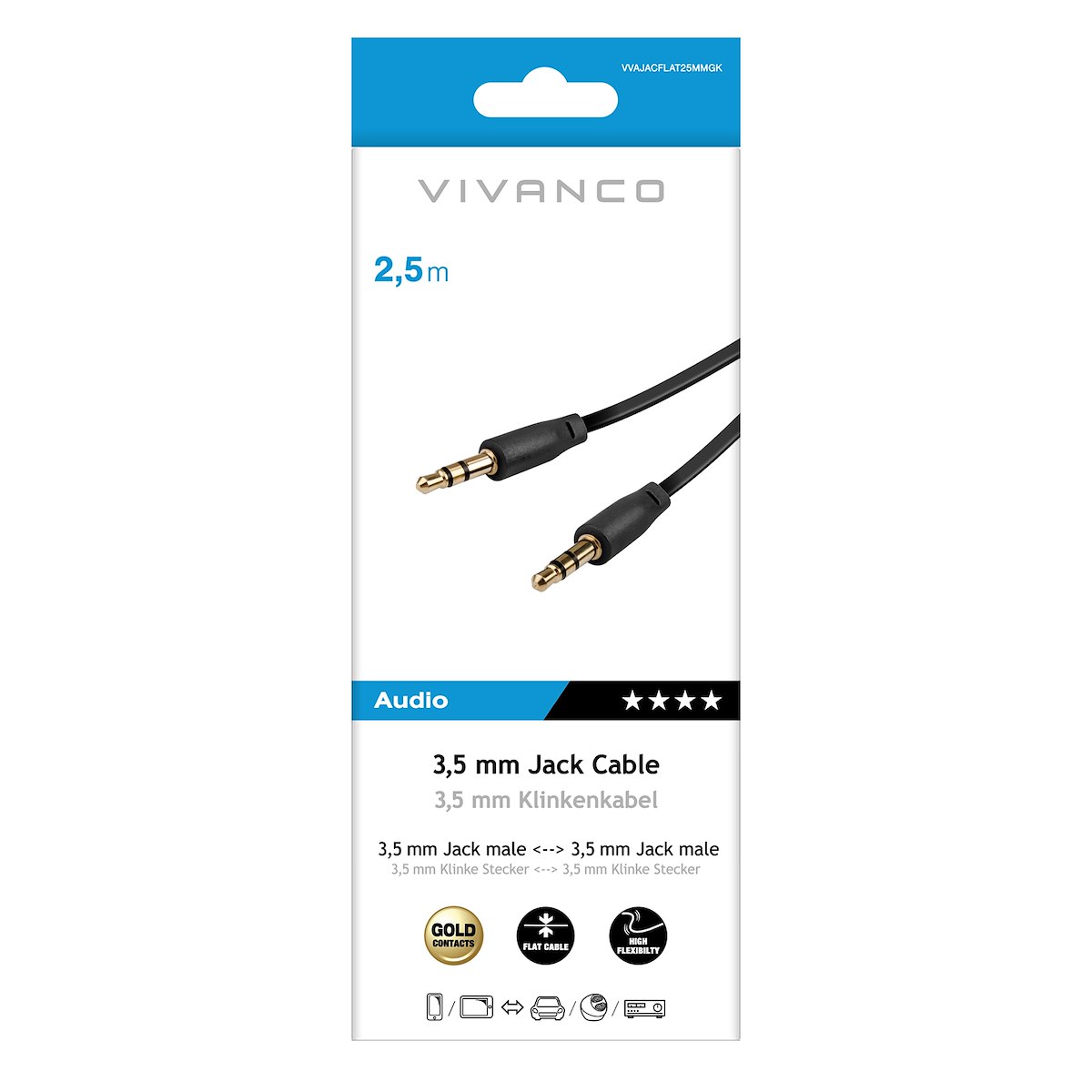 VIVANCO VVAJACFLAT25MMGK Cavo Audio Jack 3.5mm M-M 2.5m Piatto Nero