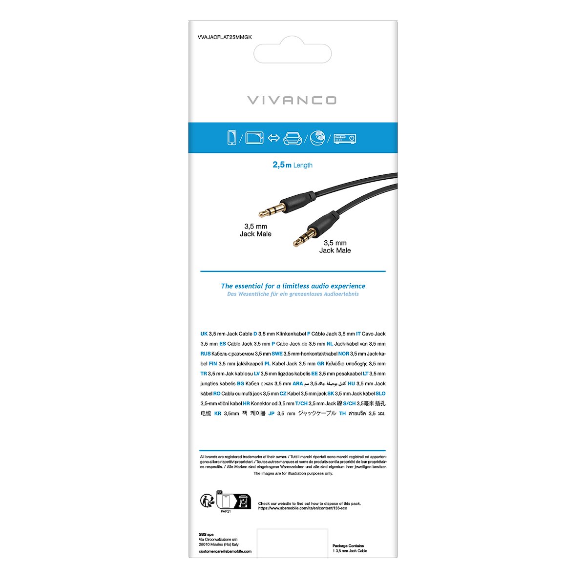 VIVANCO VVAJACFLAT25MMGK Cavo Audio Jack 3.5mm M-M 2.5m Piatto Nero - immagine 3