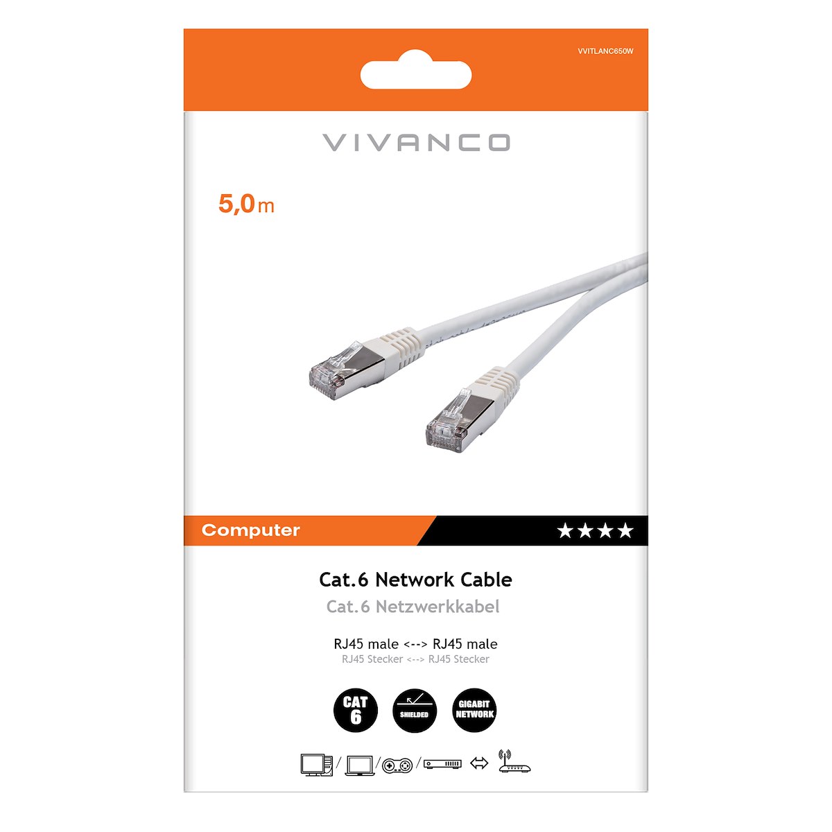 VIVANCO VVITLANC650W Cavo Ethernet RJ45 M-M, 5m, Cat 6, Bianco - immagine 2