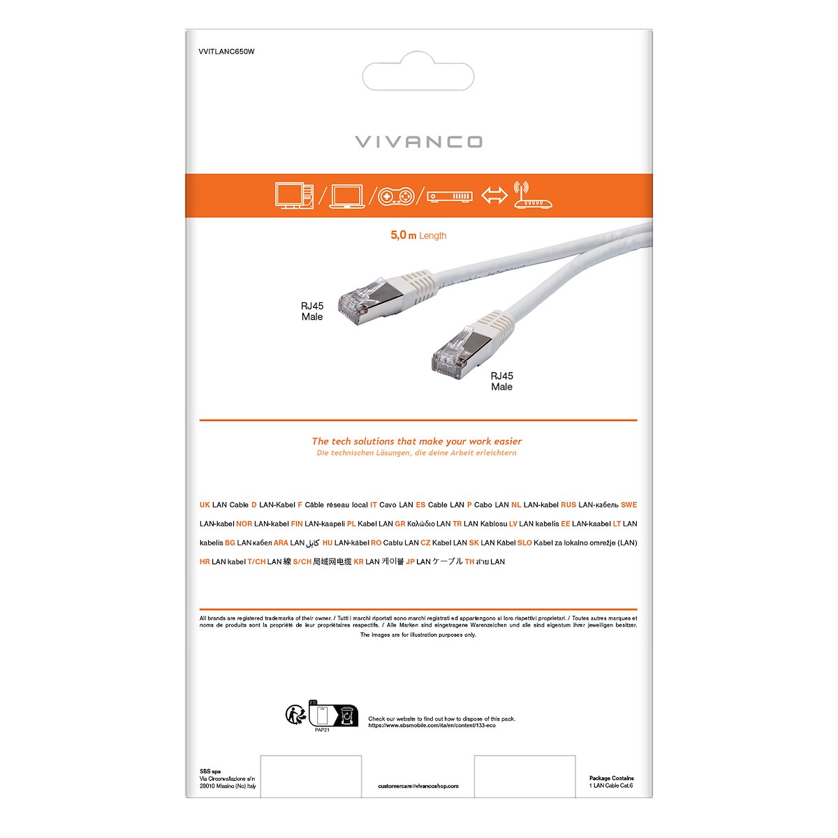 VIVANCO VVITLANC650W Cavo Ethernet RJ45 M-M, 5m, Cat 6, Bianco - immagine 3