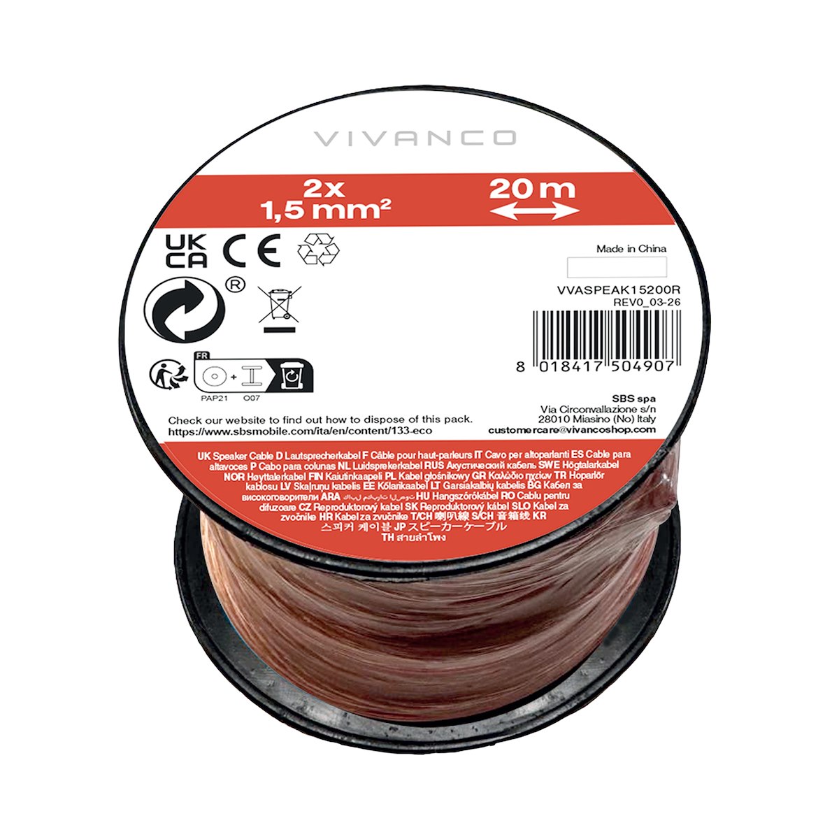 VIVANCO VVASPEAK15200R Cavo audio 20m 2x1.5mm, bobina - immagine 3