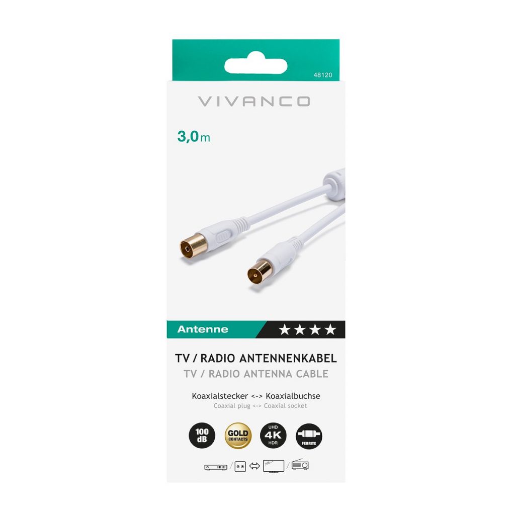 VIVANCO VVAN30FEDBGW Cavo antenna coassiale M-F 3m 100dB oro bianco