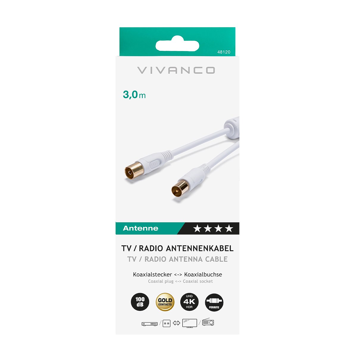 VIVANCO VVAN30FEDBGW Cavo antenna coassiale M-F 3m 100dB oro bianco