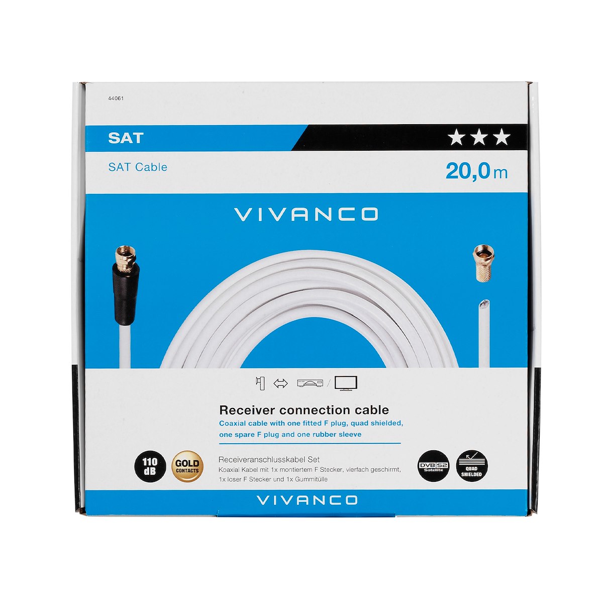 VIVANCO VVSAT200MFDBW Cavo F-F 110dB, spelato, oro, 20m, bianco