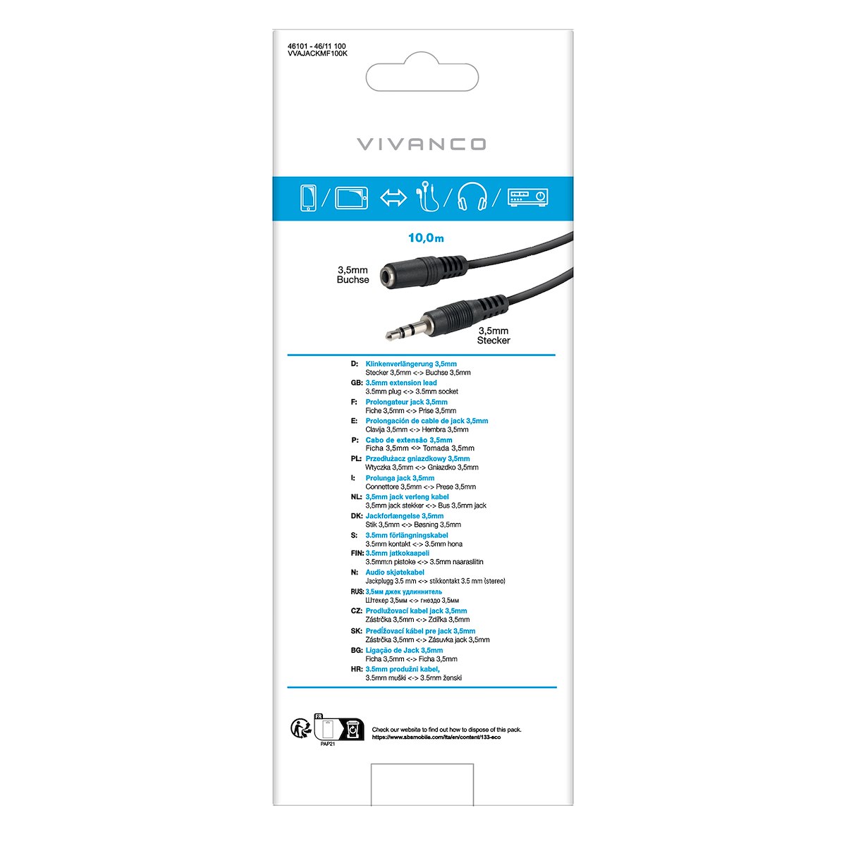 VIVANCO VVAJACKMF100K Cavo audio jack 3,5mm M-F, 10m, nero - immagine 3