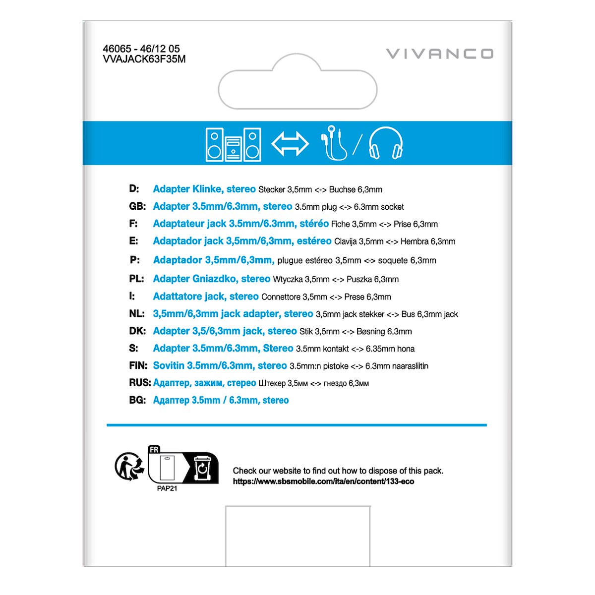 VIVANCO VVAJACK63F35M Adattatore audio Jack 6.3mm a Jack 3.5mm - immagine 3