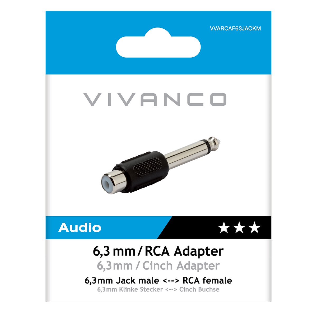 VIVANCO VVARCAF63JACKM Adattatore audio Jack 6.3mm-RCA M-F, nero