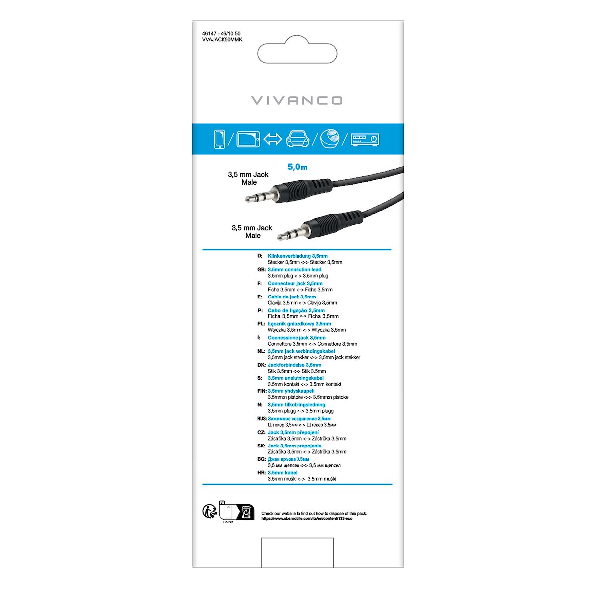 VIVANCO VVAJACK50MMK Cavo Audio Jack 3.5mm M-M, 5m, Nero - immagine 3