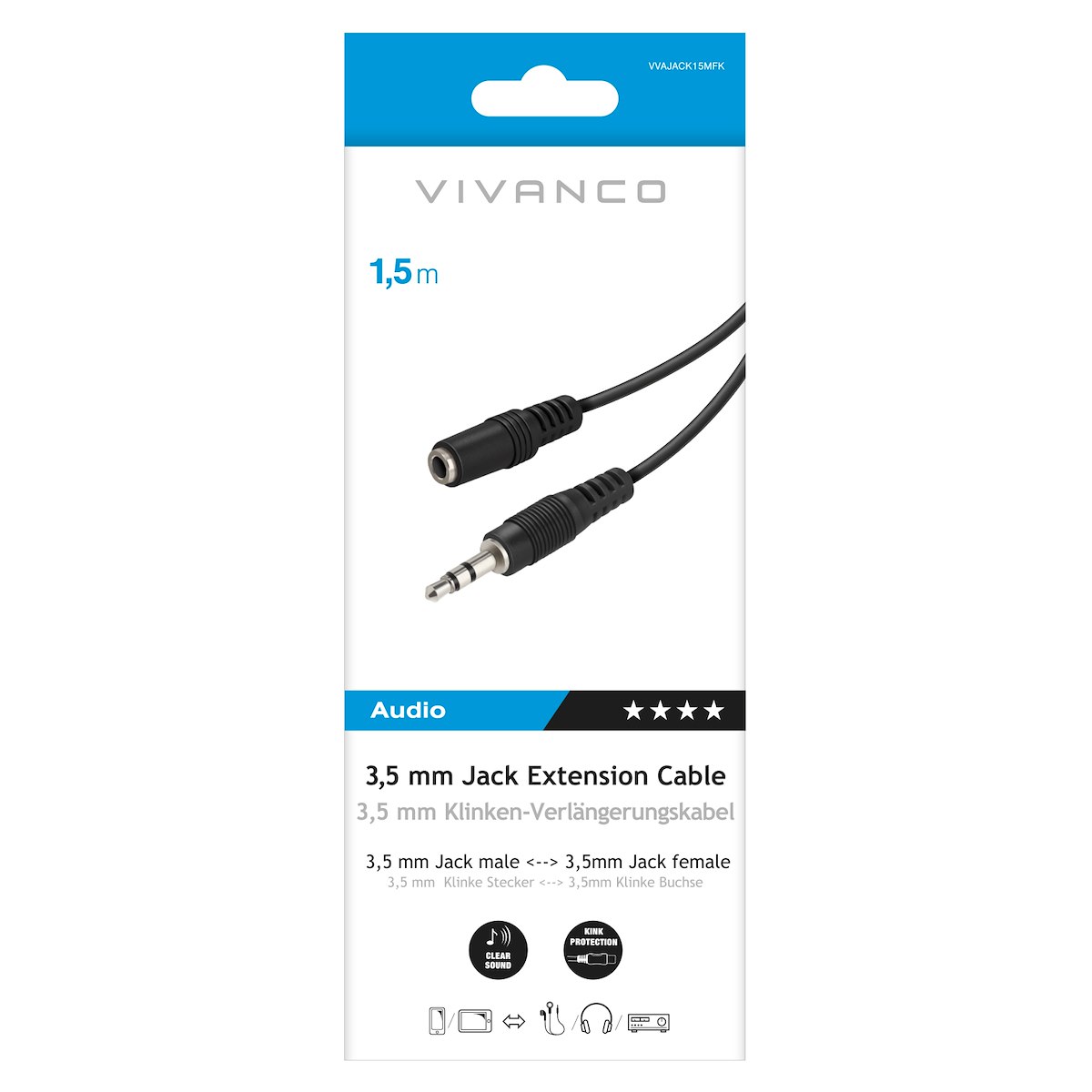 VIVANCO VVAJACK15MFK Cavo Audio Jack 3.5mm M-F, 1.5m, Nero