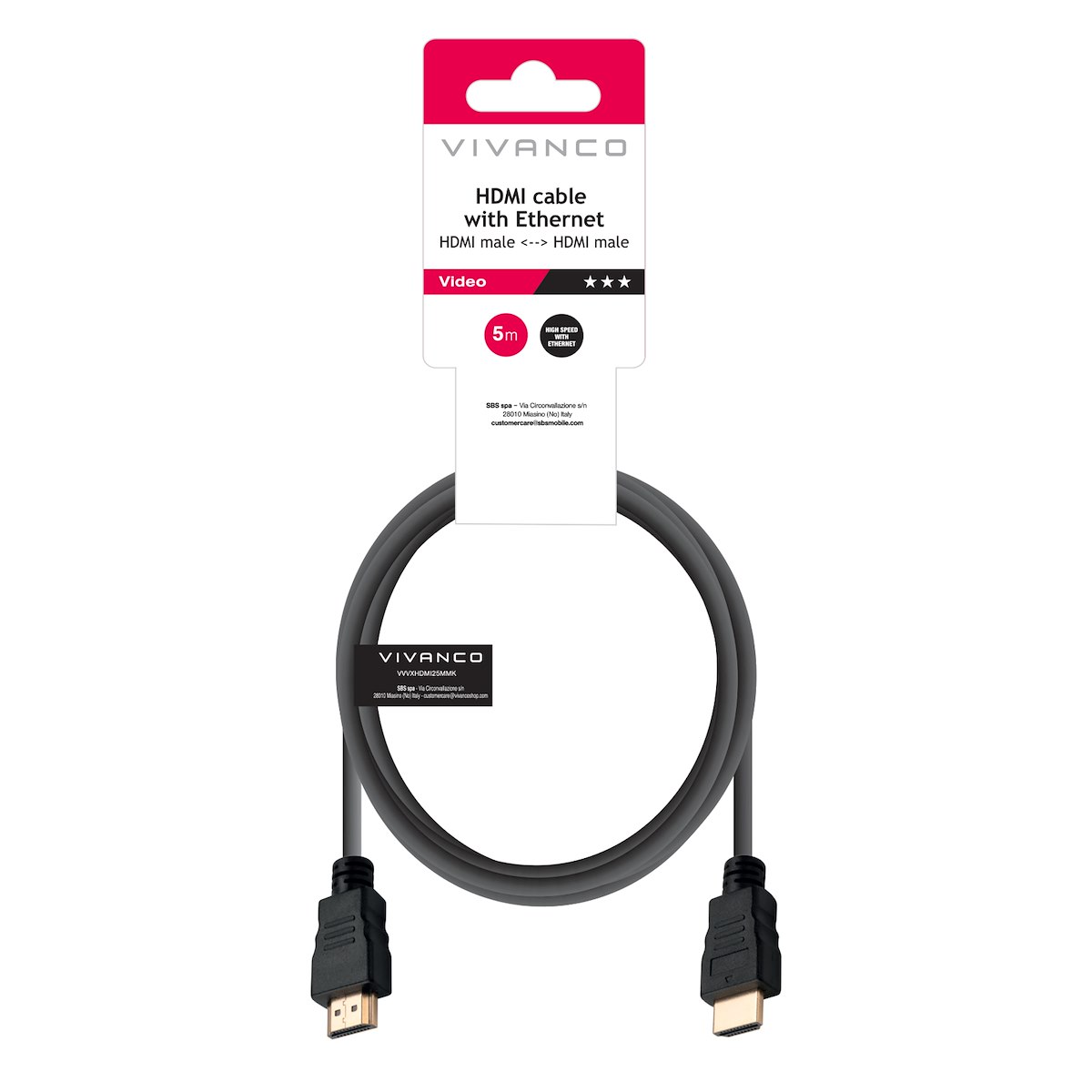 VIVANCO VVVXHDMI50MMK Cavo HDMI 1.4 ARC M-M, 5m, 4K-24Hz, nero