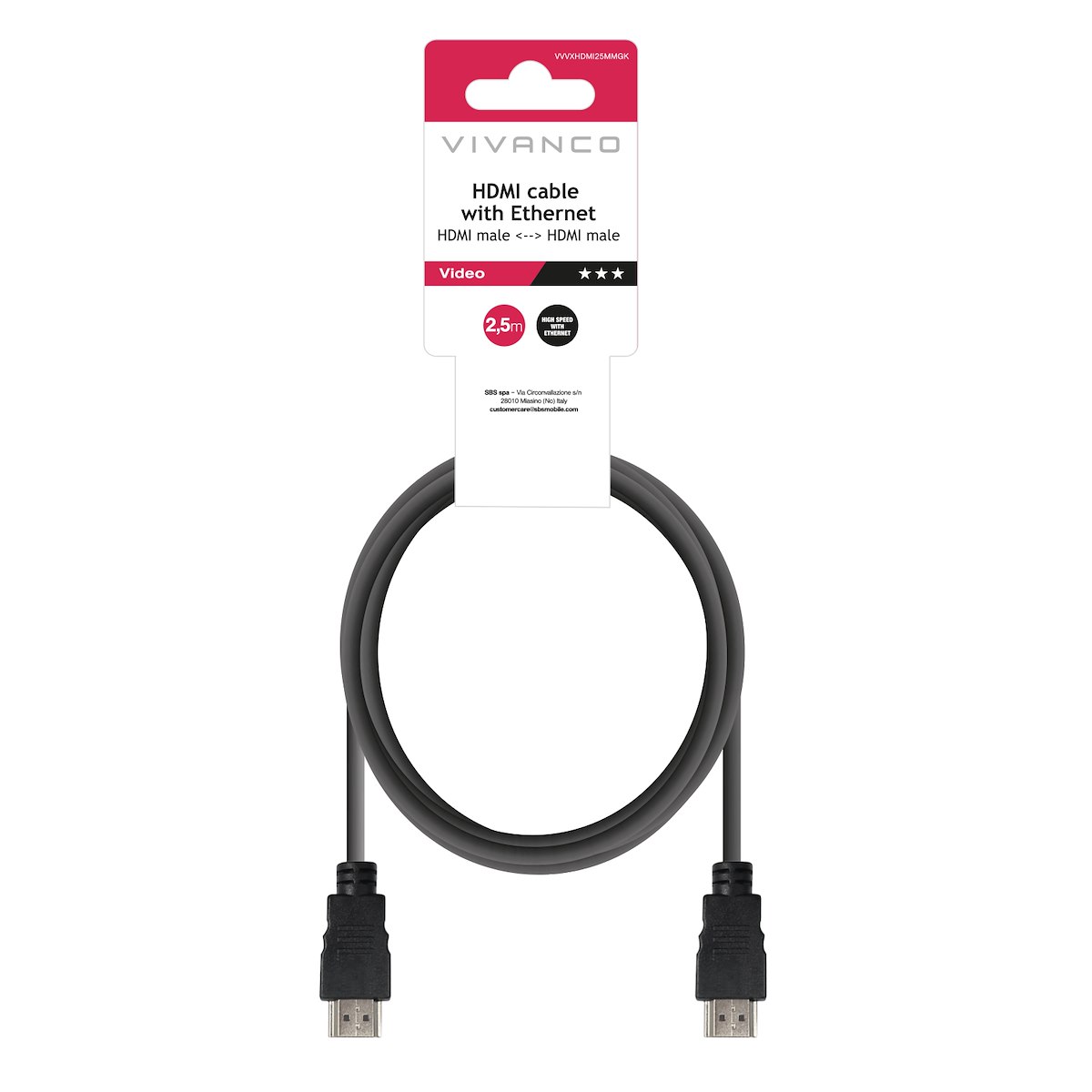 VIVANCO VVVXHDMI25MMGK Cavo HDMI 1.4 ARC M-M, 2.5m, 4K/24Hz, Nero