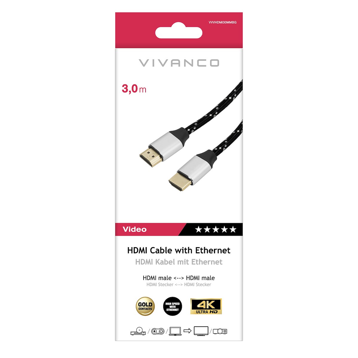 VIVANCO VVVHDMI30MMBG Cavo HDMI 2.0 ARC M-M Nylon 3m 4K Nero