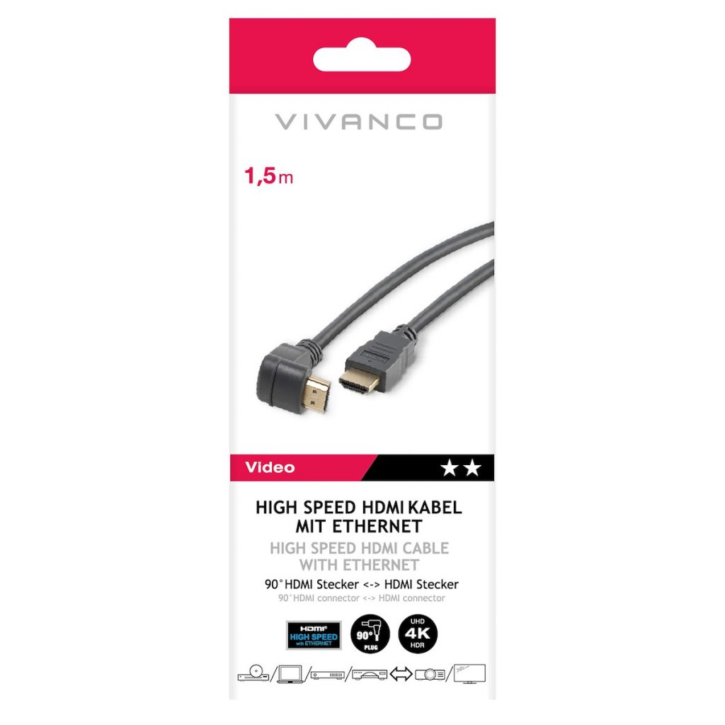 VIVANCO VVVHDMI30M1M90K Cavo HDMI M-M 90° Oro 4K-24Hz Nero