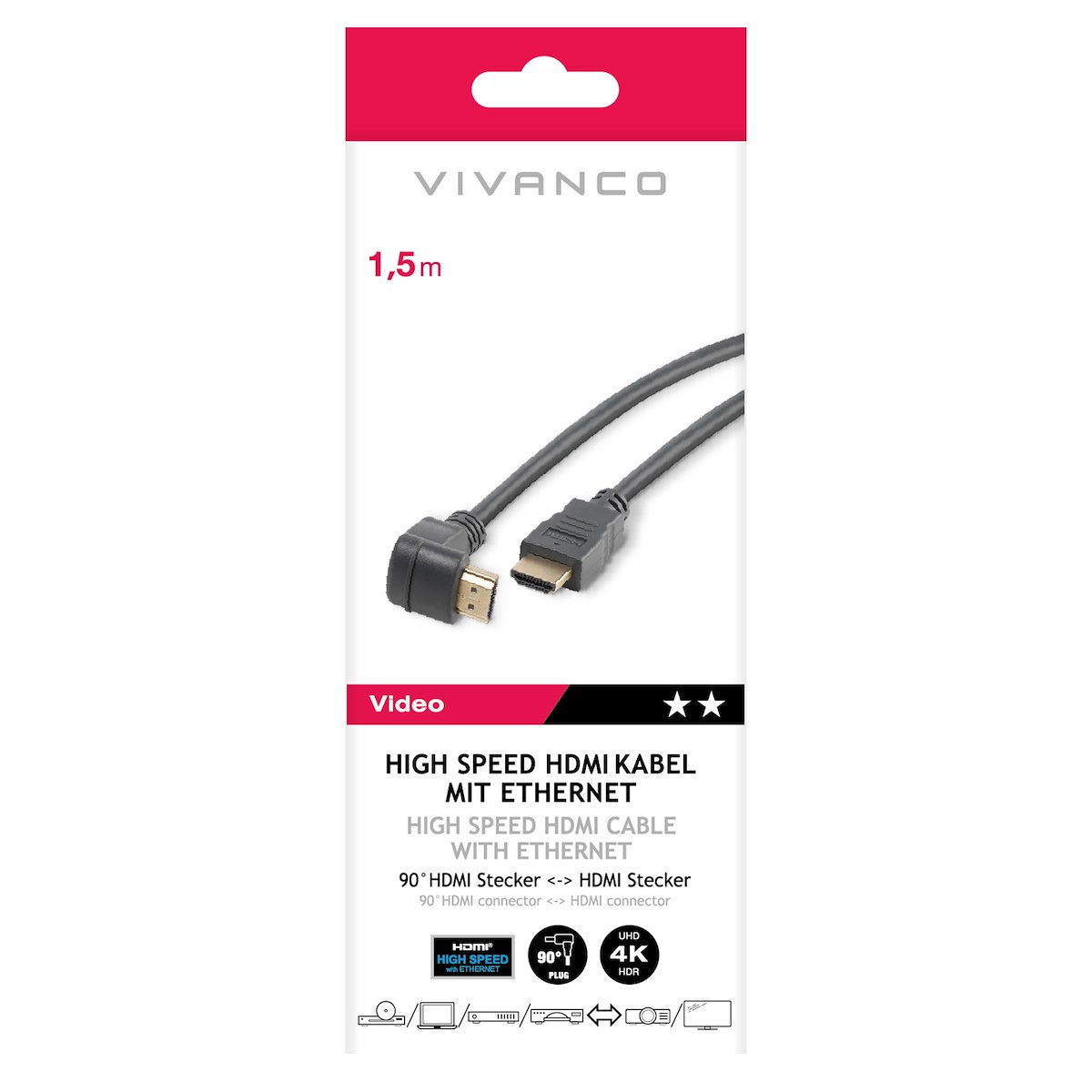 VIVANCO VVVHDMI30M1M90K Cavo HDMI M-M 90° Oro 4K-24Hz Nero