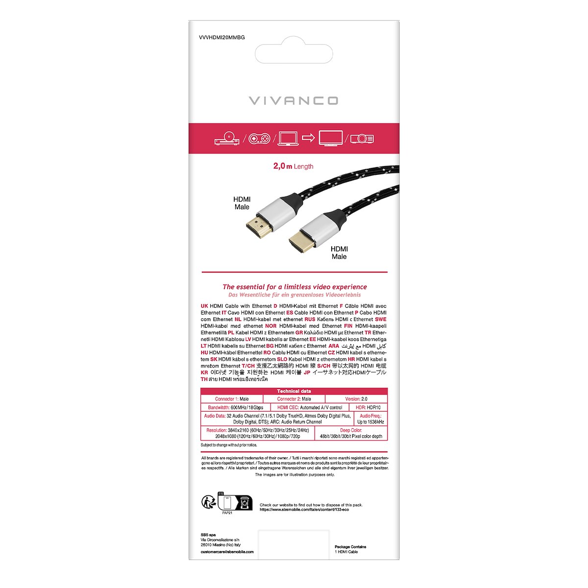 VIVANCO VVVHDMI20MMBG Cavo HDMI 2.0 ARC M-M Nylon 2m 4K Nero - immagine 3
