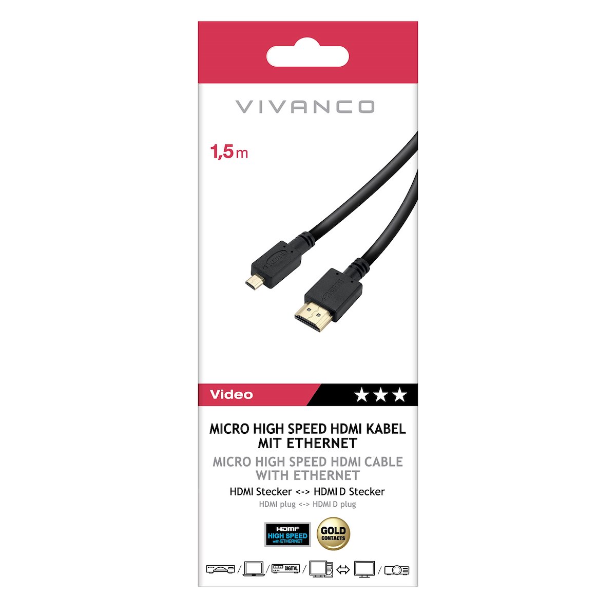 VIVANCO VVVHDMI15MICRO Cavo HDMI-Mini HDMI M-M 1.5m 4K-60Hz Nero