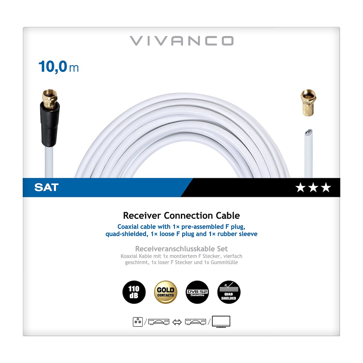 VIVANCO VVSAT100MFDBW Cavo F-F 110dB, spelato, oro, 10m, bianco