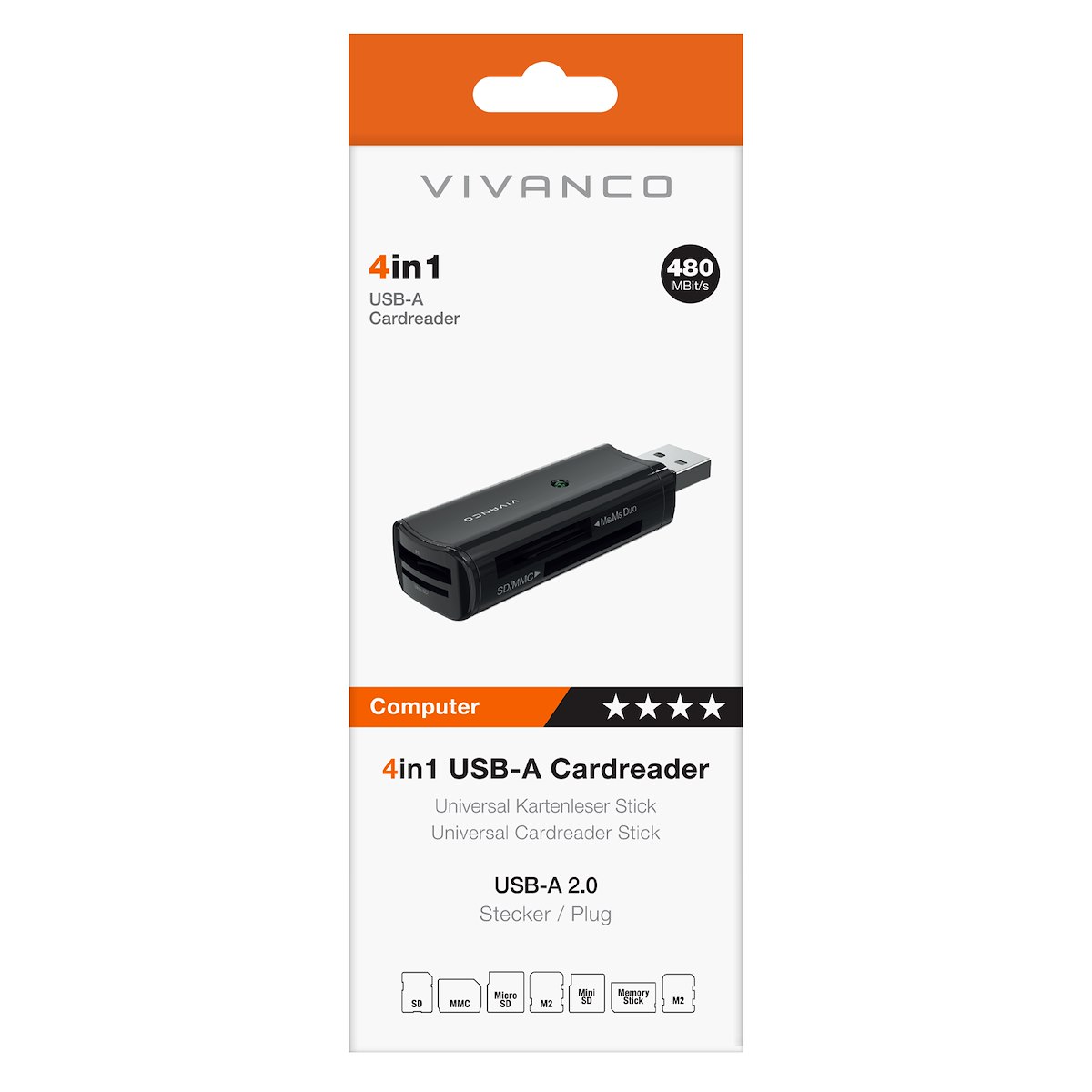VIVANCO VVITHUBUSBPEN4 Adattatore USB-A 4-in-1 per schede, LED, nero