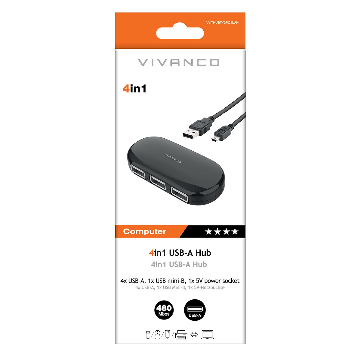 VIVANCO VVITHUB4USB Hub USB-A 4 porte 0.5m nero