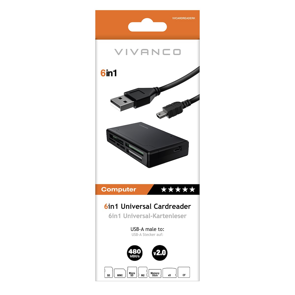 VIVANCO VVCARDREADERK Adattatore USB-A 6in1 per schede, LED, nero