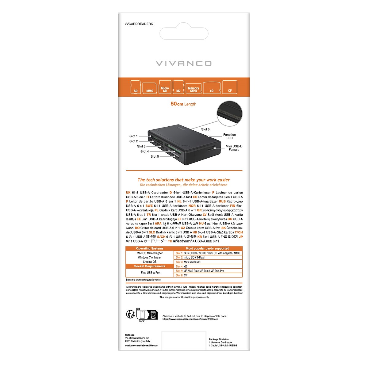 VIVANCO VVCARDREADERK Adattatore USB-A 6in1 per schede, LED, nero - immagine 3