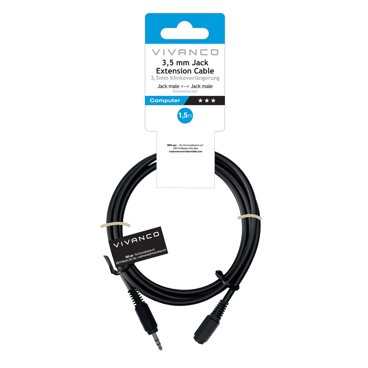 VIVANCO VVAXJACK15MFK Cavo Audio Jack 3.5mm M-F 1.5m Nero