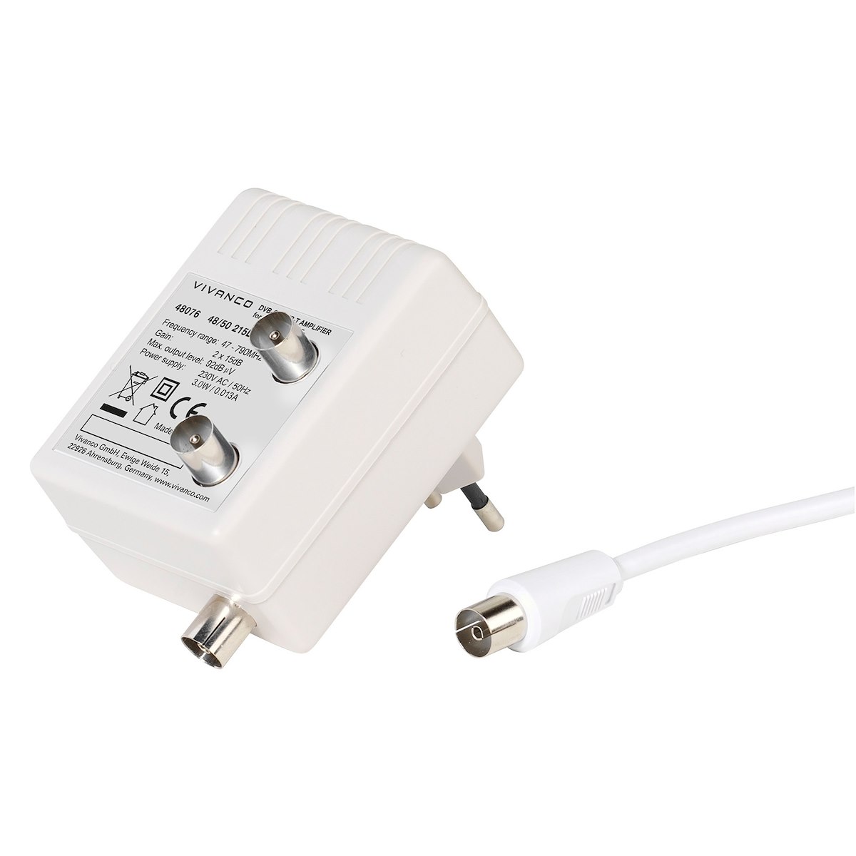 VIVANCO VVANTAMP2OUT Amplificatore 2xCoass. M 1xCoass. F 15dB Bianco - immagine 2