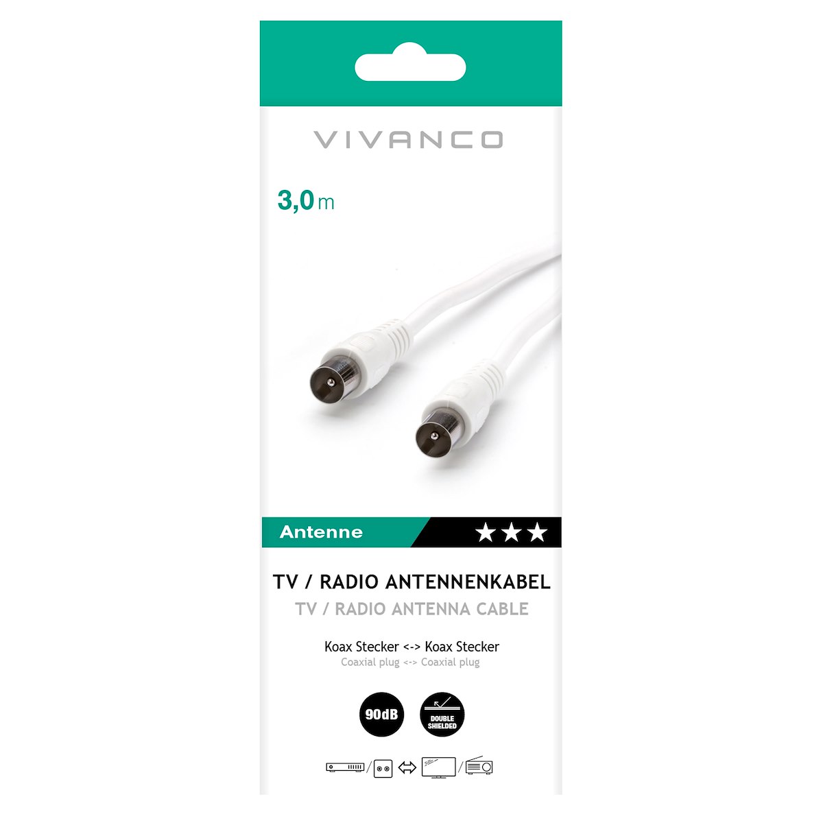 VIVANCO VVAN90DB30MMW Cavo Antenna Coassiale M-M 3m 90dB Bianco - immagine 2