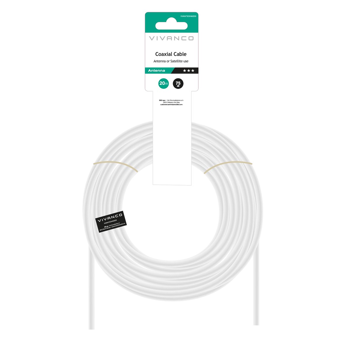 VIVANCO VVAN75OHM200 Cavo antenna coassiale M-M 20m 75dB bianco - immagine 2