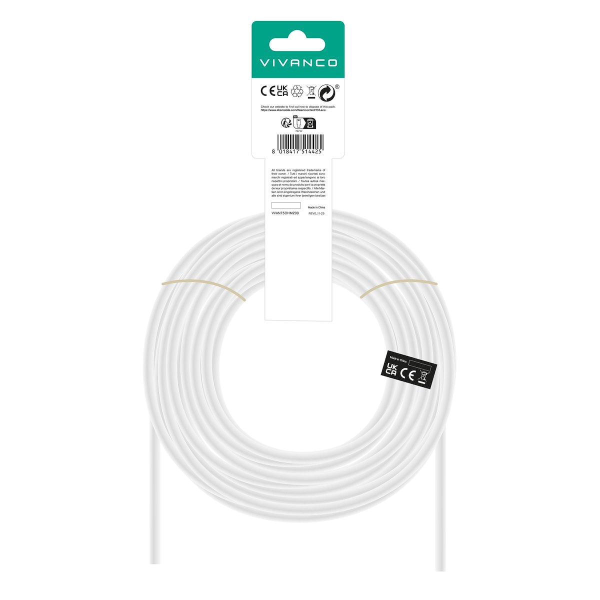 VIVANCO VVAN75OHM200 Cavo antenna coassiale M-M 20m 75dB bianco - immagine 3