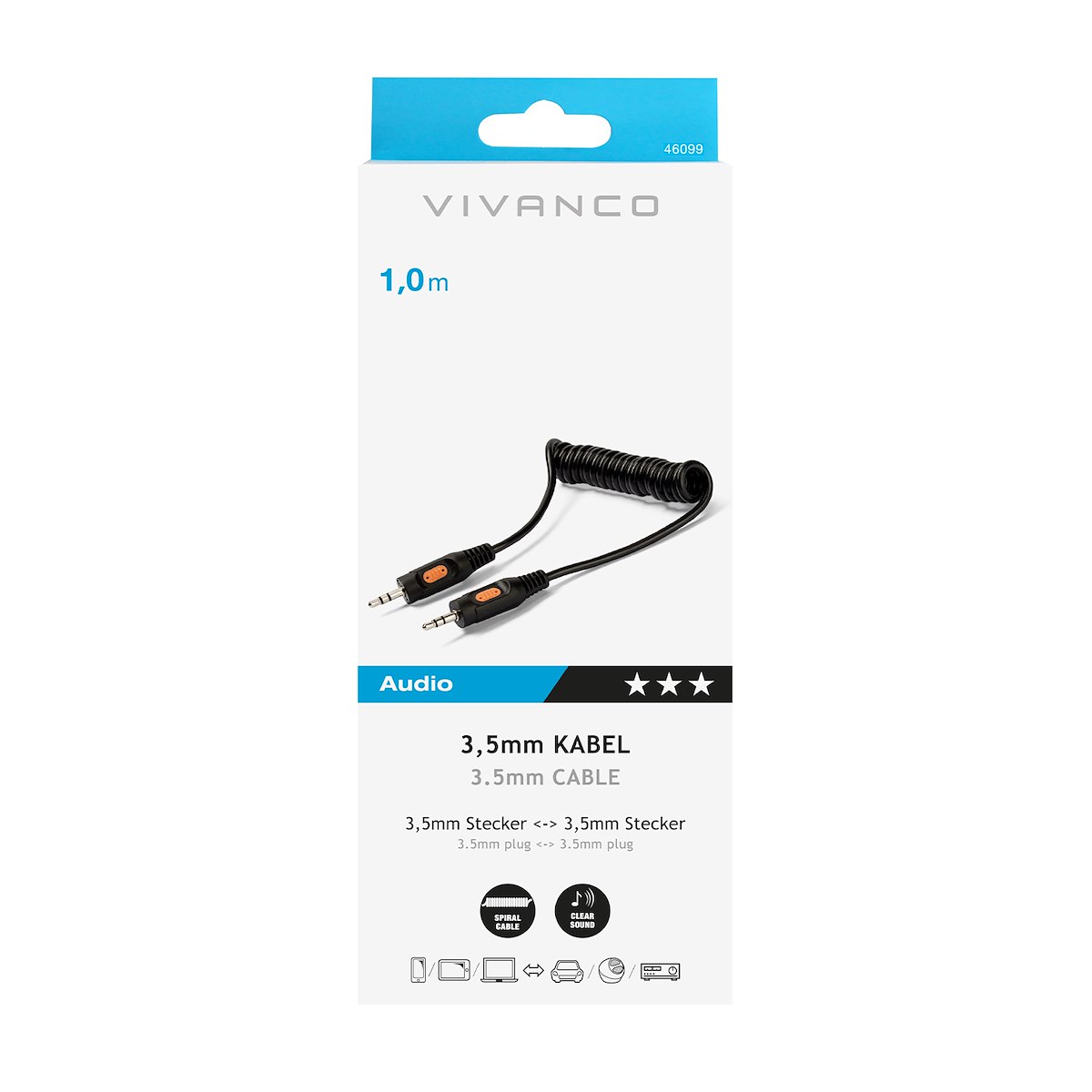 VIVANCO VVAJACK90SPIR1K Cavo Audio Jack 3.5mm M-M, 1m, Spirale, Nero