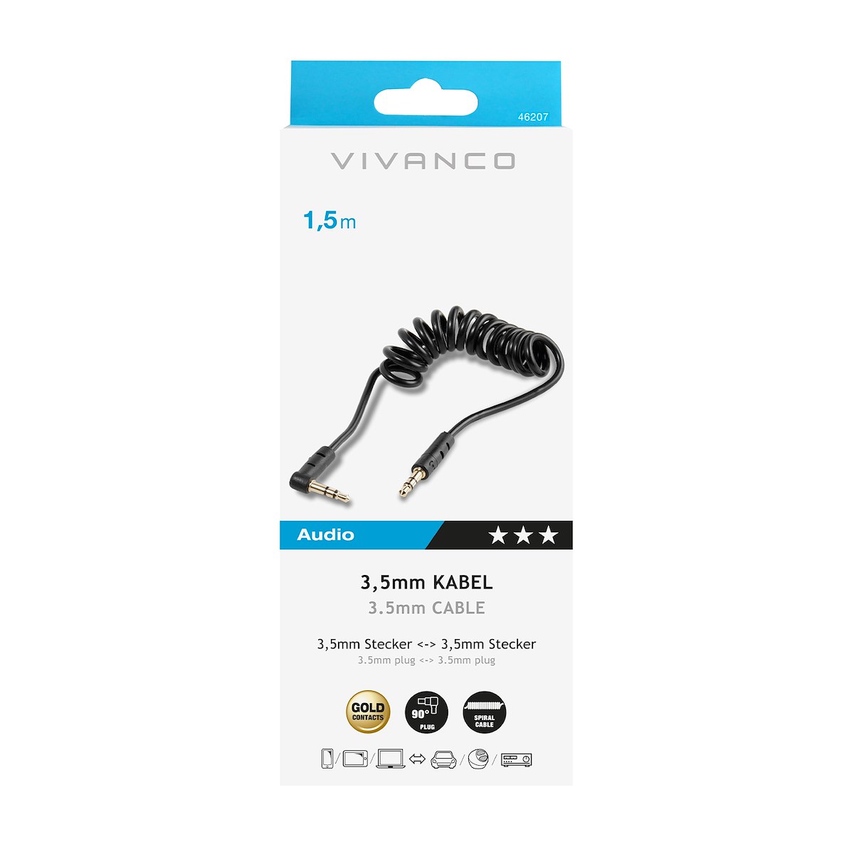VIVANCO VVAJACK90SPIR15GK Cavo Audio Jack 3.5mm M-M, 1.5m, Spirale, Angolo, Nero