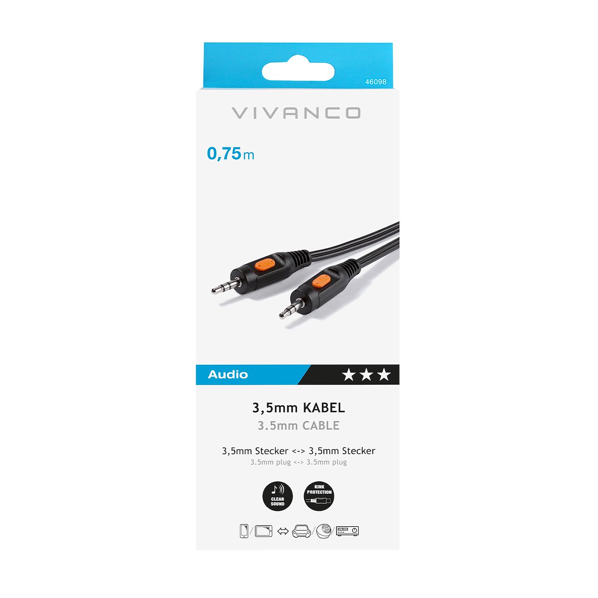 VIVANCO VVAJACK07MMK Cavo Audio Jack 3.5mm M-M 0.75m Nero