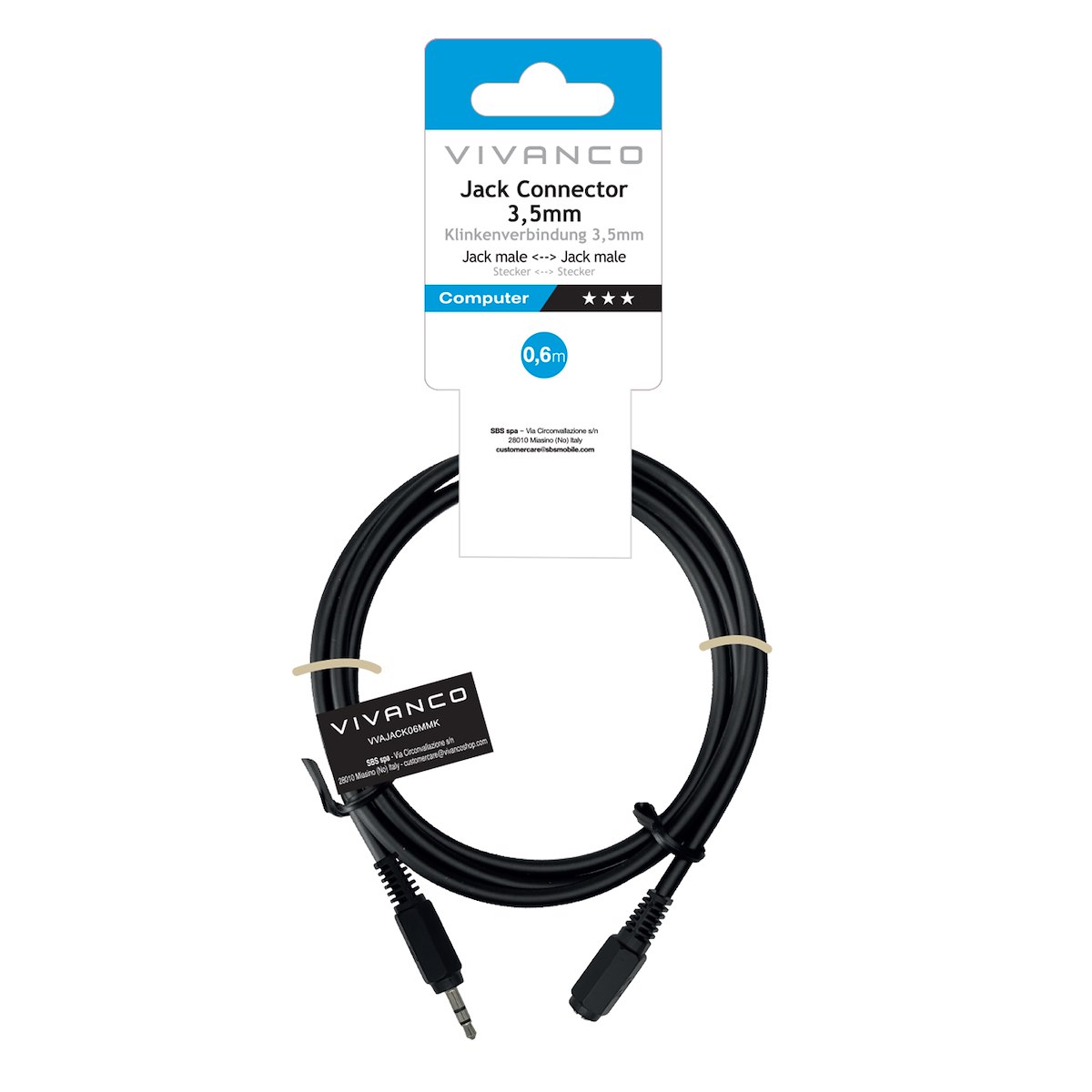VIVANCO VVAJACK06MMK Cavo Audio Jack 3.5mm M-M, 0.6m, Nero