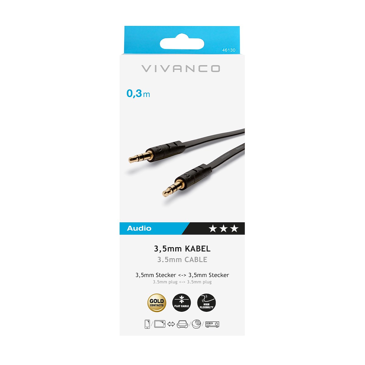VIVANCO VVAJACK03MMGK Cavo audio jack 3.5mm M-M 0.3m piatto nero